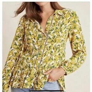 MAEVE By Anthropology Janie Hare Print Flouncy Ruffle Hem Crochet Trim Blouse 4